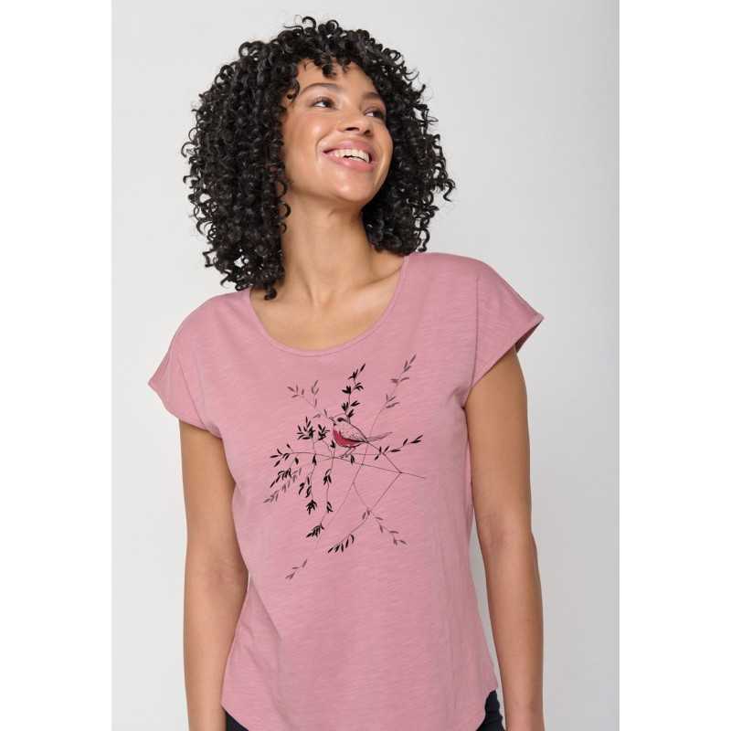 T-Shirt Femme Coton Bio Gots Bird Branch Old Rose GreenBomb T-Shirt Femme Coton Bio Gots Bird Branch Old Rose GreenBomb